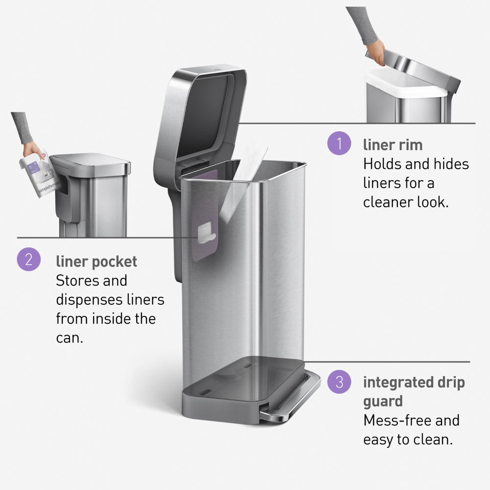 Simplehuman rectangular step can with liner  pocket 45L